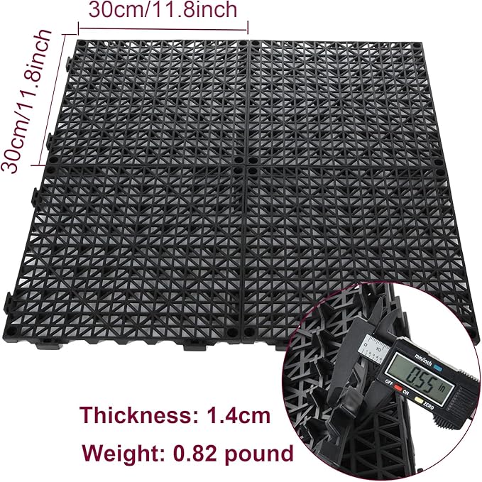 FengWu 12 Pack 12'' x Interlocking Rubber Bathroom Flooring Tiles Non-Slip Splicing Waterproof Mat Modular Cushion for Drain, Deck, Pool, Patio, Balcony, Shower, Kitchen, Yard (Black)