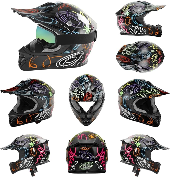 TCT-MOTORPARTS DOT Youth Kids Motocross ATV Helmets Offroad Street Dirt Bike Go-Kart BMX MX Full Face Helmet Black w/Graffiti Medium Size