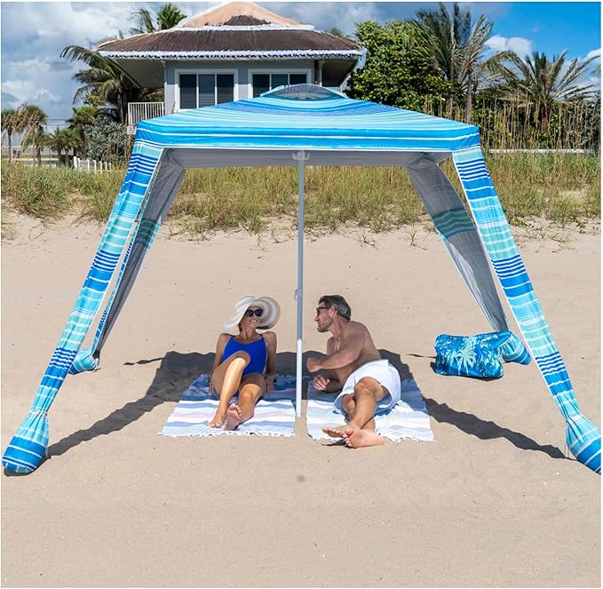 6x6 Easy Up Cabana - Sun Shelter with Privacy Wall, Canopy Includes Umbrella Table Tray, Towel Hanger, and Sand Anchor Shade (Beach Stripes)