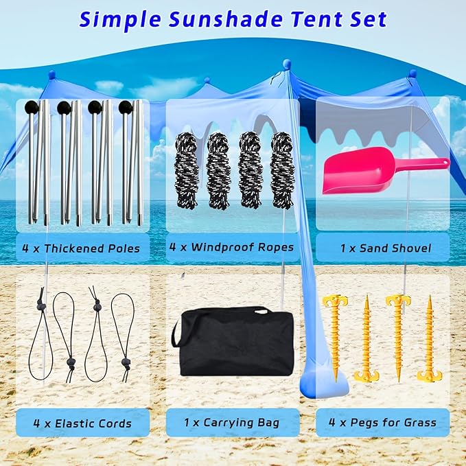 Beach Shade Tent,Beach Sunshade Canopy UPF 50+UV Protection,10x10 Ft Beach Shelter with 4 Sandbags and Thick Stability Poles,Sand Shovel,Ground Pegs,Carry Bag,Camping,Backyard Fun,Outdoor Canopy Tent