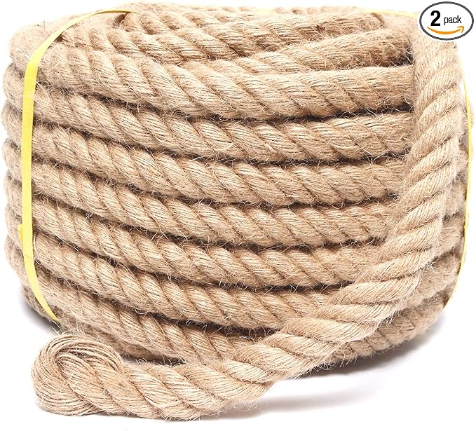 Heavy Duty Jute Rope - 1 Inch, 50 Feet, Natural Hemp for Crafts, Gardening, Bundling, Climbing, Hammock, Nautical, Tug of War, Railings, Home Decorating