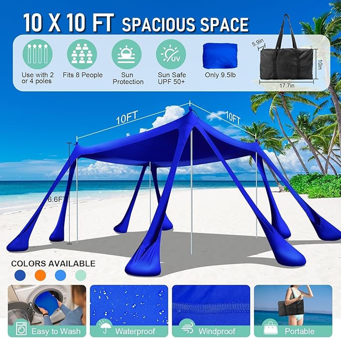 Beach Tent Sun Shelter Beach Canopy Tent Sun Shade Pop Up 10x10 UPF50+ with 8 Sandbags-2 Sand Shovel-Portable 4 Aluminum Poles-Ground Pegs-Easy Setup for Outdoor Family Camping Fishing Picnic