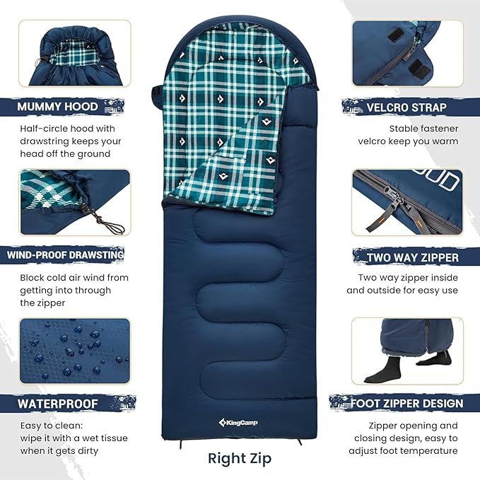 KingCamp Sleeping Bag for Adults, Cold Weather & Warm XL Big and Tall Flannel Sleeping Bags with Compression Sack Portable Waterproof Essentials Gear Accessories for Outdoor Camping