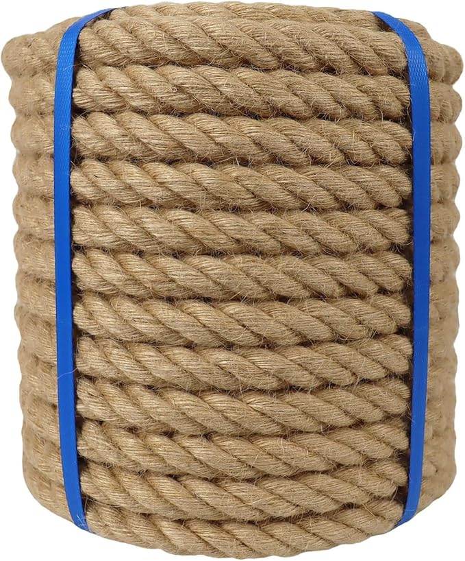1-1/2 Inch Natural Jute Rope, 200 Feet Thick Hemp Rope, 4 Strands Twisted for Docks, Nautical, Raliings, Climbing, Decorating, Indoor/Outdoor Use