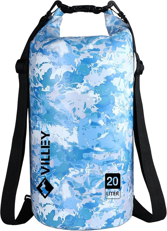 VILLEY Dry Bag Waterproof 20L Roll Top Sack Keeps Gear Dry Lightweight Dry Sack with Waterproof Phone Case for Kayaking Boating Camping Swimming and Beach Adventures Blue Camo