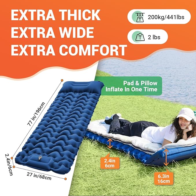 KingCamp Self Inflating Camping Mattress with Built-in Foot Pump, Connectable Durable Inflatable Sleeping Mat with Pillow, Compact Camping Air Mattress for Hiking