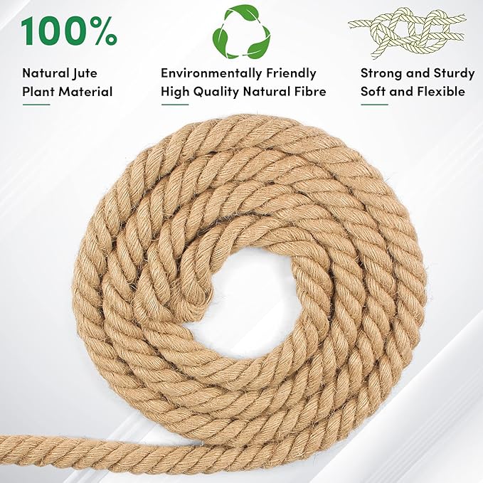 Manila Rope 1-1/4 Inch x 50ft - Natural Hemp Rope,Heavy Duty 4-Strand Twisted Ropes for Use for Hammock, Docks, Bundling, Home Decor, Crafts, Gardening (50 Feet, 1.25" Thick)