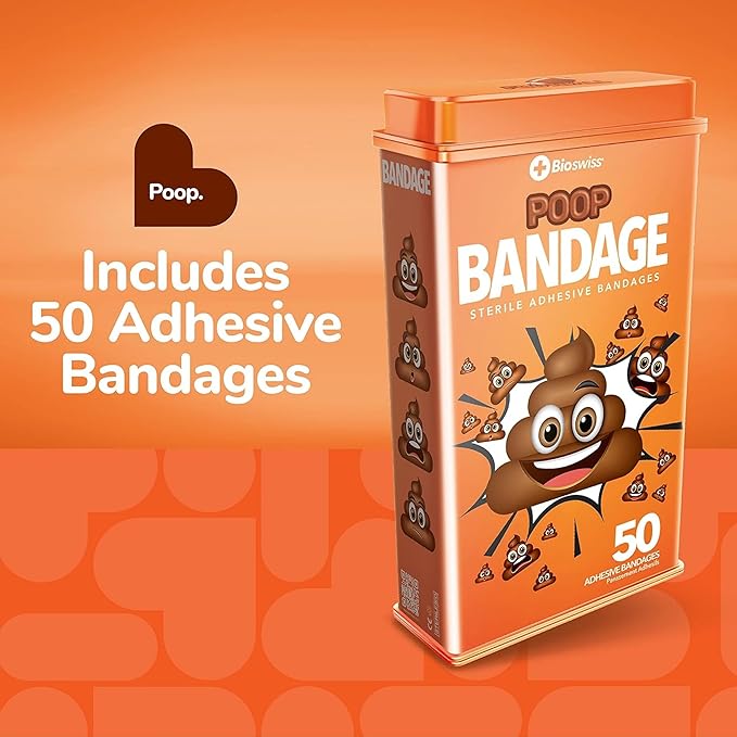 BioSwiss Bandages, Poop Shaped Self Adhesive Bandage, Latex Free Sterile Wound Care, Fun First Aid Kit Supplies for Kids, 50 Count