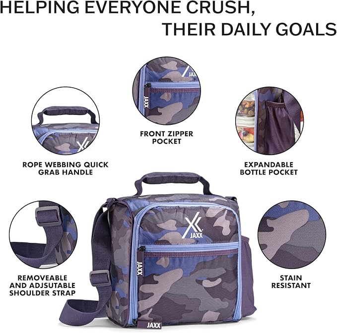 Fit & Fresh JAXX Meal Prep Lunch Box With Container For Men and Women, 5pc. Meal Prep Kit Lunch Bag With Containers Included, Camo Plum