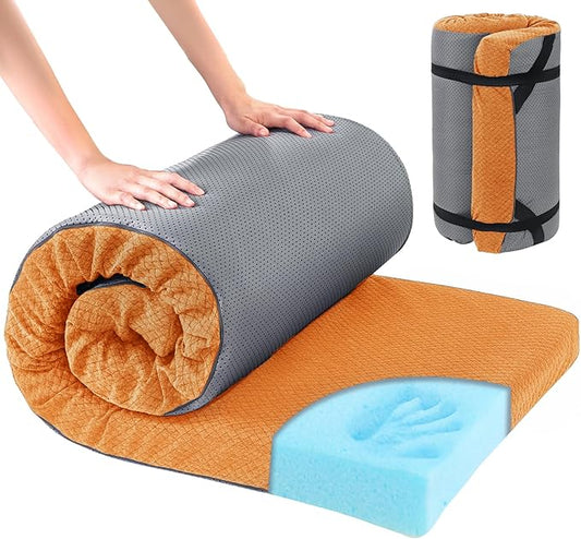 HOMBYS Memory Foam Camping Mattress Pad,Portable Sleeping Pad for Adult,Waterproof Cot Mattress,Roll Up Floor Mattress,Foldable Backpacking Travel Bed for Hiking,Guest Bed