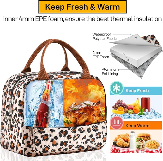 Buringer HOMESPON Lunch Bag for Woman Man Adults with Front Pocket Insulated Lunch Tote Lunch Box Container for Work Picnic or Travel（Leopard）