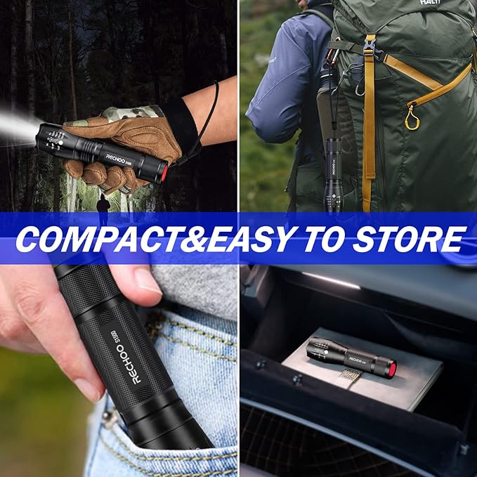 RECHOO Tactical Flashlight 4 Pack, Bright Zoomable LED Flashlight with High Lumens and 5 Modes, Waterproof Portable Pocket Flash Light for Emergency, Camping, and Outdoor Use - S1500