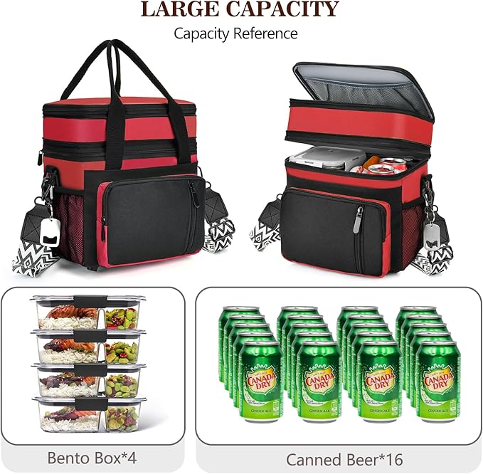 LOKASS Lunch Box for Women/Men-16L-Insulated Lunch Bag, Expandable Double-layer Leakproof Cooler Bag with Upgrade Adjustable Shoulder Strap Ideal for Work/Travel/Picnics（Red&Black）