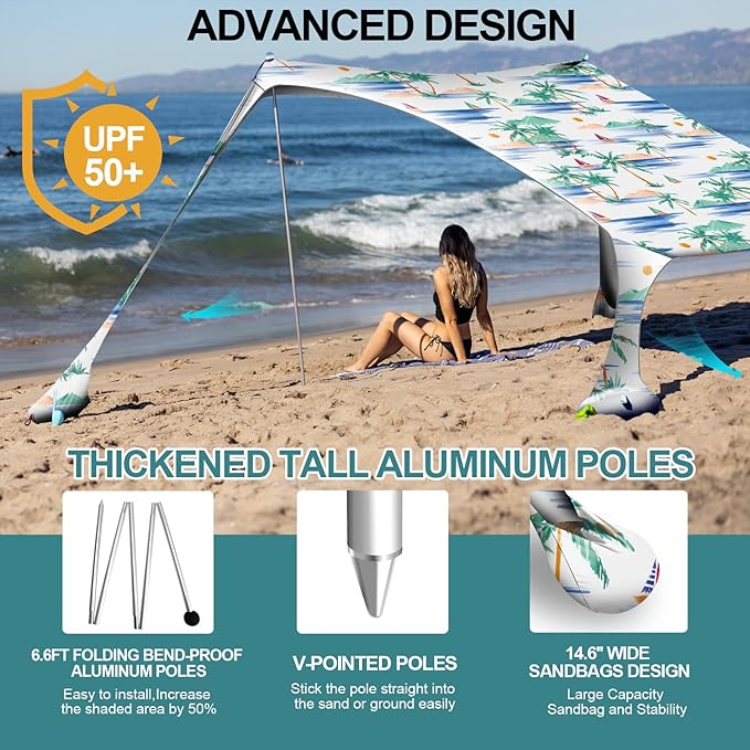 Buheco Beach Tent Pop Up Shade 10x10ft Beach Canopy Sun Shelter UPF50+ with 4 Foldable Poles-Portable Carrying Bag-Sand Shovel-Ground Pegs-Windproof Ropes for Outdoor Family Camping-Fishing- Picnic