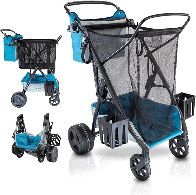 Large Wheeled Collapsible Beach Cart for Soft Sand, Shopping, Camping & Garden- Lightweight Aluminum Frame- Removable Storage Bag with Carrying Straps, X-L Capacity & Cooler Rack (Blue)