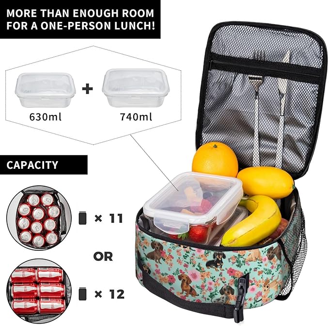 Dog Flower Lunch Bag Insulated Reusable Lunch Box Thermal Cooler Tote For Men Women Work Travel Picnic Hiking