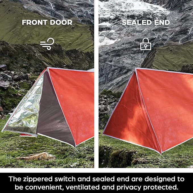 LYN Extra Large Zipper Reusable Survival Emergency Shelter Tent,Thermal Waterproof Fireproof Lightweight Bugout, with Paracord✚Stake for Camping,First Aid,Hiking&Bushcraft