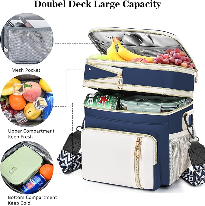 LOKASS Lunch Box for Women/Men-16L-Insulated Lunch Bag, Expandable Double-layer Leakproof Cooler Bag with Upgrade Adjustable Shoulder Strap Ideal for Work/Travel/Picnics（Dark Blue）