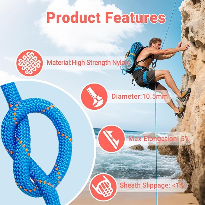 10.5mm Climbing Rope,Static Rock Climbing Rope for Escape Rope Ice Climbing Equipment Fire Rescue Parachute