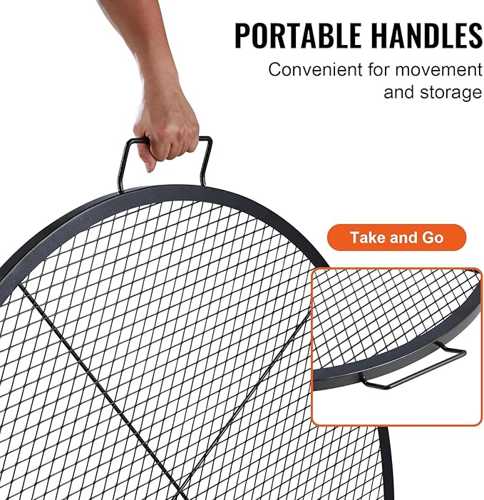 VEVOR X-Marks Fire Pit Grill Grate, Round Cooking Grate, Heavy Duty Steel Campfire BBQ Grill Grid with Handle and Support X Wire, Portable Camping Cookware for Outside Party & Gathering, 36 Inch Black
