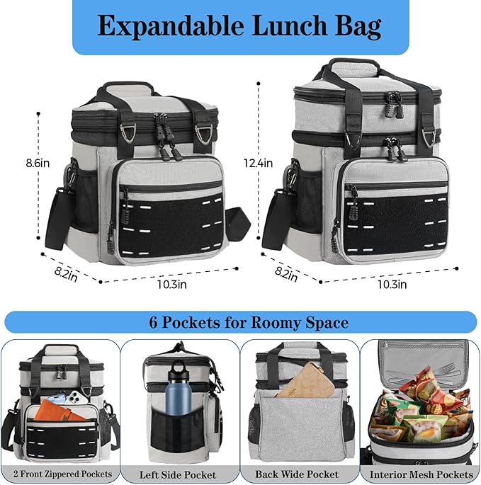 Lunch Box Cooler Bag - Tactical Insulated Lunchbox for Men - Large Lunch Pail Kit for Adults Work Outdoor Shifts Trips Grey 16L