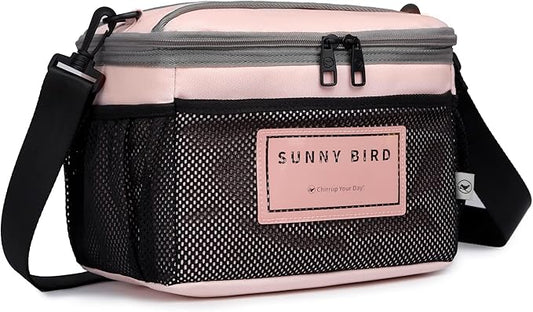 SUNNY BIRD Insulated Lunch Bag with Foldable and Leakproof Design, Thermally Insulated, Shoulder Strap for Women, Men and Teen (Pink 002)