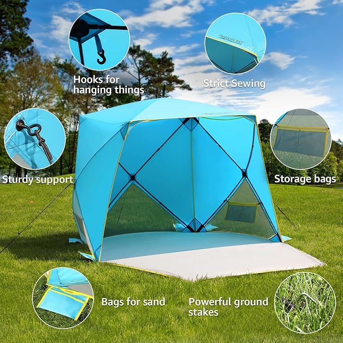 Pop Up Beach Tent, Portable Shade Sun Shelter UPF50+ UV Protection for 4 Person Extendable Floor for Fishing Hiking Camping, Waterproof Windproof(Blue)