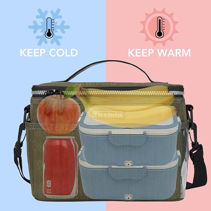 Tirrinia Insulated Lunch Box for Women Men, Leakproof Reusable Lunch Bag Containers for Adult,Working,Office,Lunch Soft Cooler Bag Tote for Picnic Hiking Beach,Olive