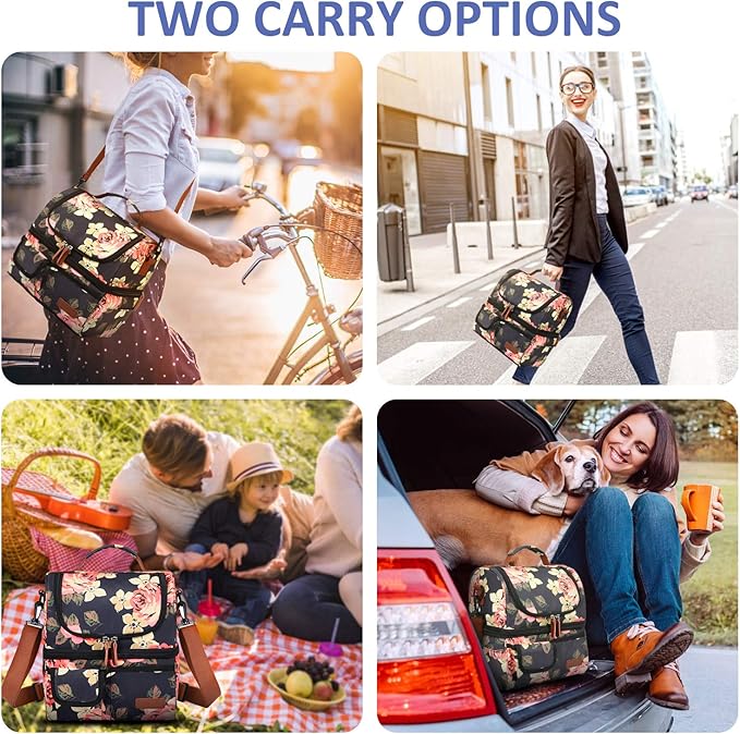 LOKASS Lunch Bag Women Double Deck Insulated Lunch Box Large Cooler Tote Bag with Removable Shoulder Strap Wide Open Thermal Meal Prep Lunch Organizer Box for Adults Work/Outdoor, Black Peony