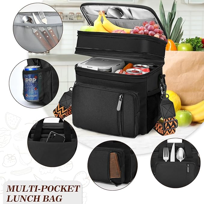 LOKASS Lunch Box for Men/Women-16L-Insulated Lunch Bag, Expandable Double-layer Leakproof Cooler Bag with Upgrade Adjustable Shoulder Strap Ideal for Work/Travel/Picnics（Black）