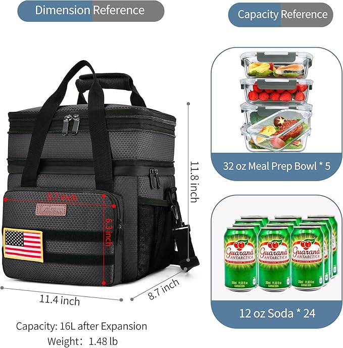 Tactical Lunch Box for Men- Large Insulated Lunch Bag-Expandable Adult Lunch Box with Adjustable Shoulder Strap-Large Lunch Tote Bag for Work Camping Fishing (Black)