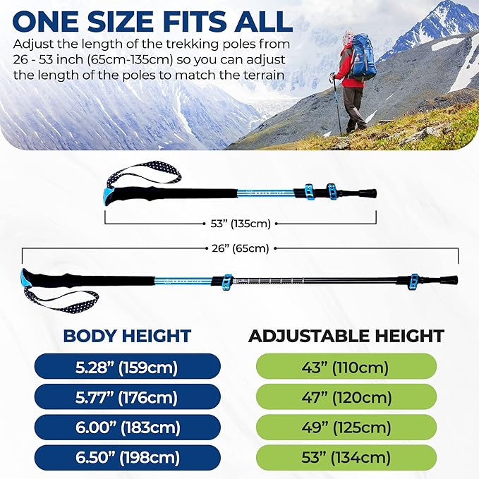 Adventure Pro Trekking Poles for Hiking - Anti Slip Collapsible Walking Sticks for Travel with Cork and Eva Grip, Lightweight Hiking Poles for Men and Women, 2 Sticks in 1PACK