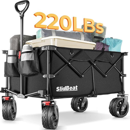 SLIDBEAT Beach Wagon with Big Universal Wheels - Folding Wagon - Wagons Carts Heavy Duty Foldable - Camping Garden Cart Black - 6.5''×2.5'' Wheels