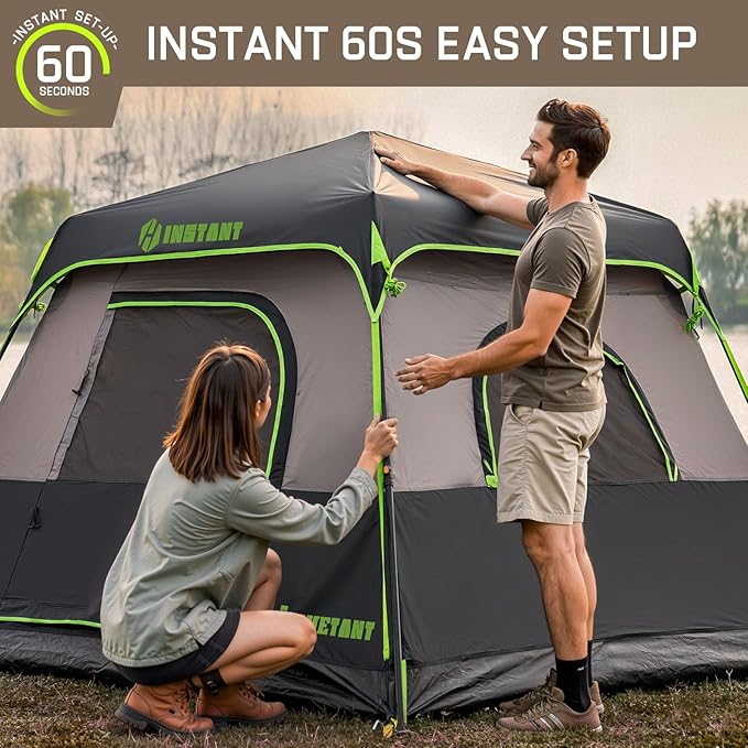 4/6 Person Instant Tent, Waterproof Pop Up Tents for Camping with Rainfly, 60 Seconds Easy Setup, Automatic Cabin Tent for Family Camping with Expandable Carry Bag & Upgraded Ventilation