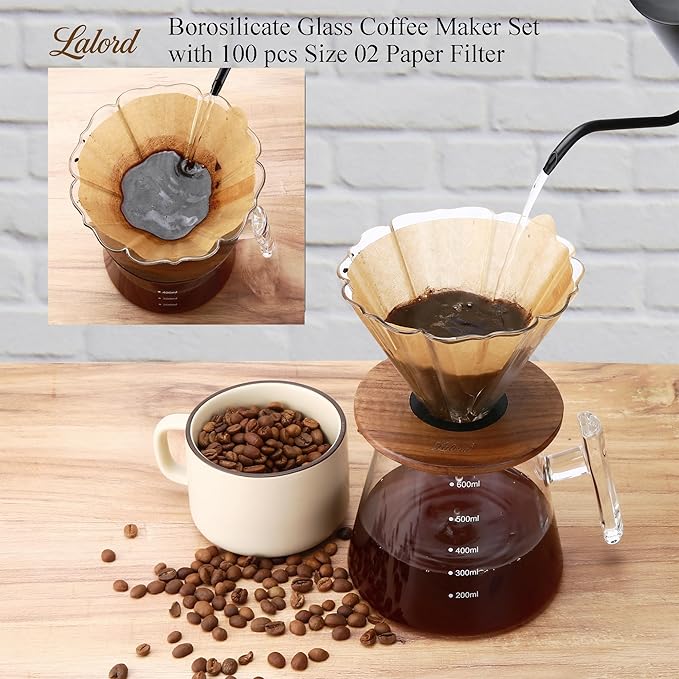 Pour Over Coffee Maker, 20 oz Borosilicate Glass Set with 100 pcs Paper Filter, Walnut Collar & Glass Lid, Drip Coffee Maker, 1-3 Cups, Clear, 600 ml(glass handle)