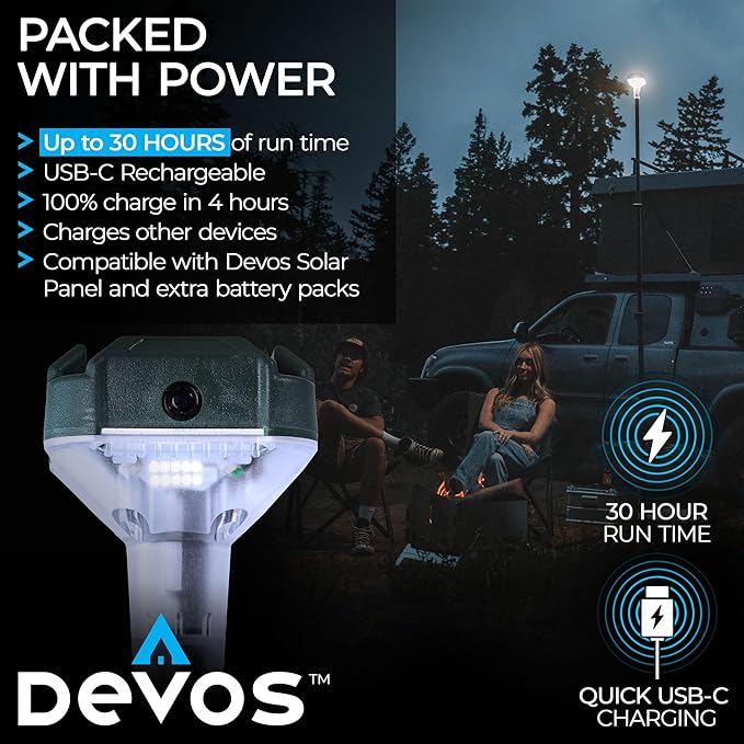DEVOS - LightRanger 800 Telescoping Camp Light, 8 ft Tall with 800 lumens, Rechargeable LED Lantern, Up to 30-Hour Runtime, 1-Year Warranty, Includes Carry Case
