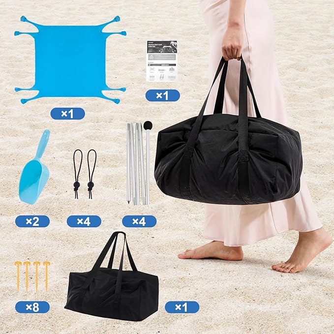 Beach Tent, Camping Sun Shelter UPF50+ with 8 Sandbags, Sand Shovels, Ground Pegs & Stability Poles, Outdoor Shade Beach Canopy for Camping Trips, Fishing