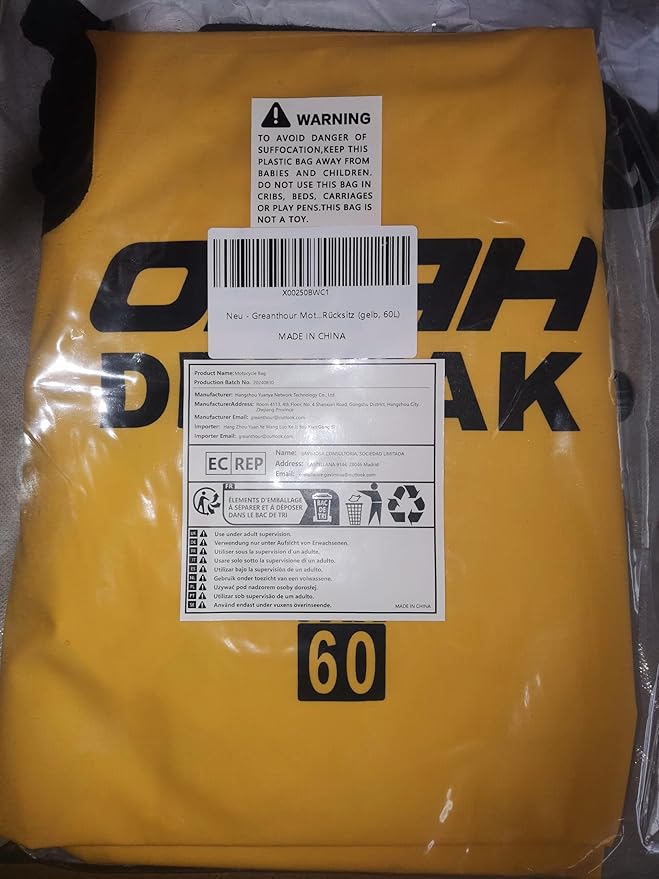 Motorcycle Dry Bag - Waterproof Motorcycle Duffle & Luggage Tail Bag Saddle Bags with Roll Top Closure, Large Storage Space，for Motorcycle Back Seat(Yellow, 60L)