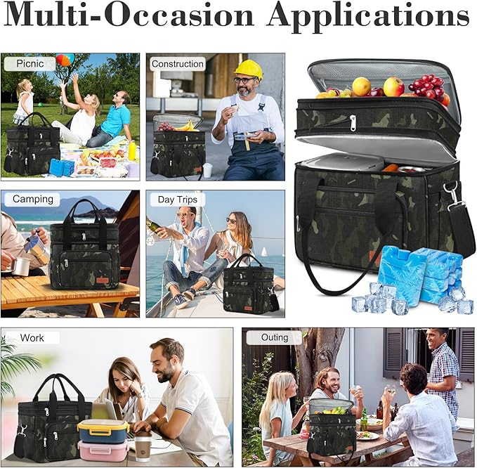 23L Extra Large Expandable Insulated Cooler Lunch Box for Men Double Deck Leakproof Heavy Duty Lunch Bag with 4 Ice Packs&2 Snack Bags for Adult/Construction/Women/Work/Picnic/Camping - Camouflage