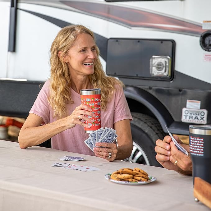 Camco Life is Better at The Campsite Tumbler | Heavy Duty Double Wall Vacuum Insulation | Crafted of 18/8 Stainless Steel | Unique Palm Tree & RV Design on Pink Background | 20-oz (53322)