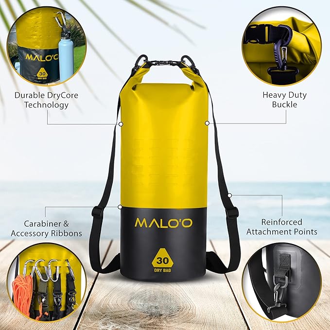 Malo’o 30L Heavy Duty 100% Waterproof Roll-Top Dry Bag Backpack – Keeps Gear Dry for Fishing, Rafting, Kayaking, Beach, Boating, Hiking, and Camping - Travel Safe - Easy To Use Dry Bag Backpack
