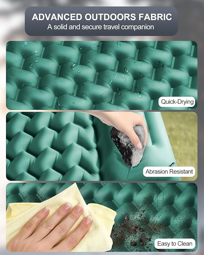 Inflatable Camping Sleeping Pad with Pillow & Foot Pump, 3"x79"x26" Single Camping Air Mattress, Compact Roll-Up, Quick-Dry & Durable Sleeping Mat for Backpacking, Hiking, Tent, Travel – Lake Green