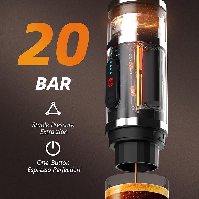 Hobsir Portable Electric Espresso Maker, Travel Coffee Machine for Camping, Car Coffee Maker with Frothing Base, USB-C, 3in1 Capsule, Portable Small Espresso Coffe Machine for RV, Hiking, Office Black