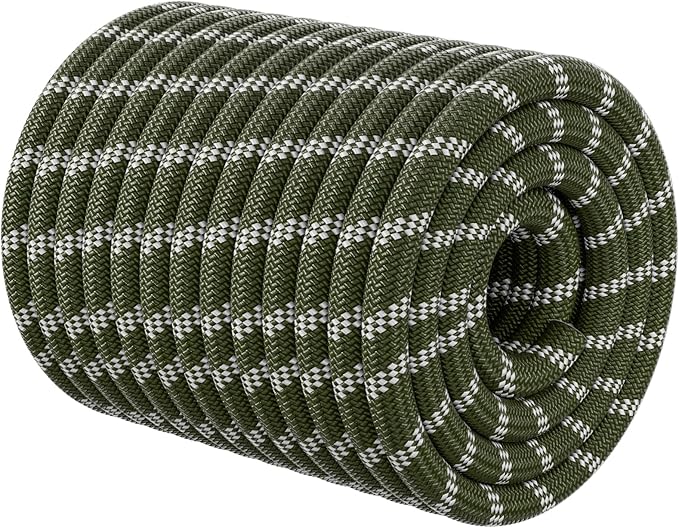 Double Braided Arborist Rigging Rope - 1/2 in X 150 ft 48 Strands Outdoor Pulling Heavy Duty Polyester Bull Rope for Swing Tree Work Camping Rescue Hiking- Army Green
