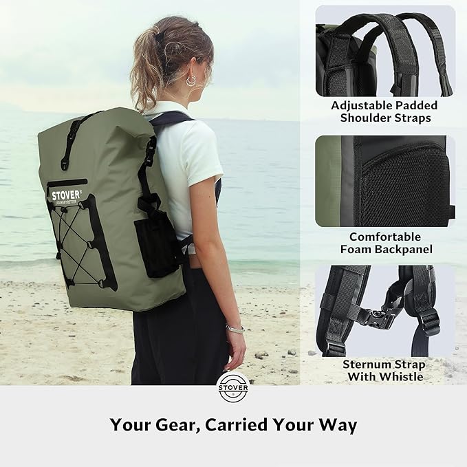 STOVER 5/10/25/30/40/55L Waterproof Dry Backpack- XL Floating Dry Bag for Kayaking, Travel, Tubing, Hiking, Fishing, Camping, Motorcycles, the Beach, Heavy-Duty Roll Top Men/Women (Green)