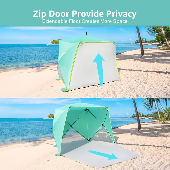 Pop Up Beach Tent, Portable Shade Sun Shelter UPF50+ UV Protection for 4 Person Extendable Floor for Fishing Hiking Camping, Waterproof Windproof（Mint Green