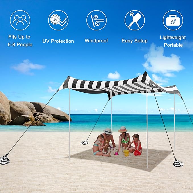 Beach Tent, Beach Canopy Sun Shade UPF 50+, Portable 10×10 FT Camping Sun Shelter with Sandbags, Poles, Ground Pegs and Anti-Wind Ropes for Outdoor, Backyard, Picnics, Fishing-Black Stripe