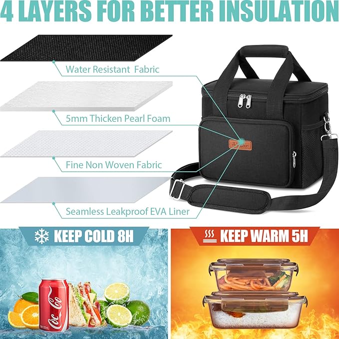 Tiblue Insulated Reusable Lunch Box for Office Work School Picnic Beach, Leakproof Freezable Cooler Bag with Adjustable Shoulder Strap (Medium, Midnight Black)