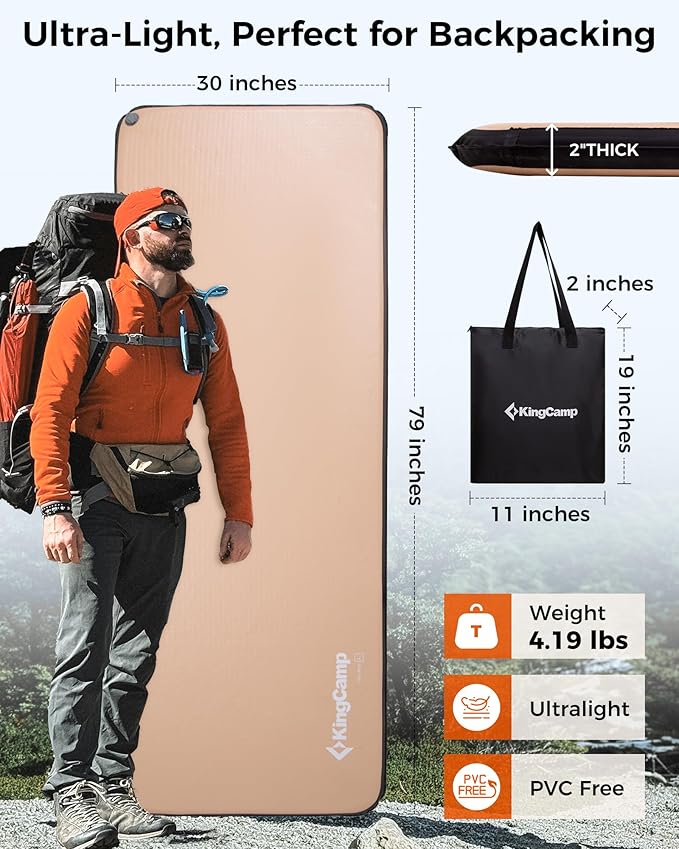 KingCamp Backpacking Sleeping Pad, Ultralight Inflatable Sleeping Mat for Camping Portable Noise-Free Air Mattress for Hiking, Tent, Cot & Car Travel