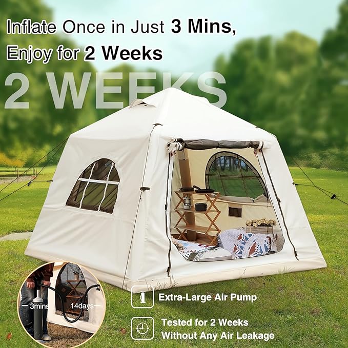 2025 Upgraded 100% Waterproof Inflatable Camping Tent, Large Blow-Up Air Tent, No Assembly Needed Luxury Glamping House, Oxford Fabric